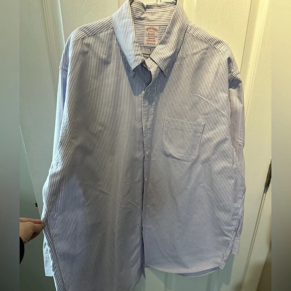 Brooks Brothers Shirt Adult 17.5 33 Non Iron Madison Purple Striped Button Down - Picture 2 of 8